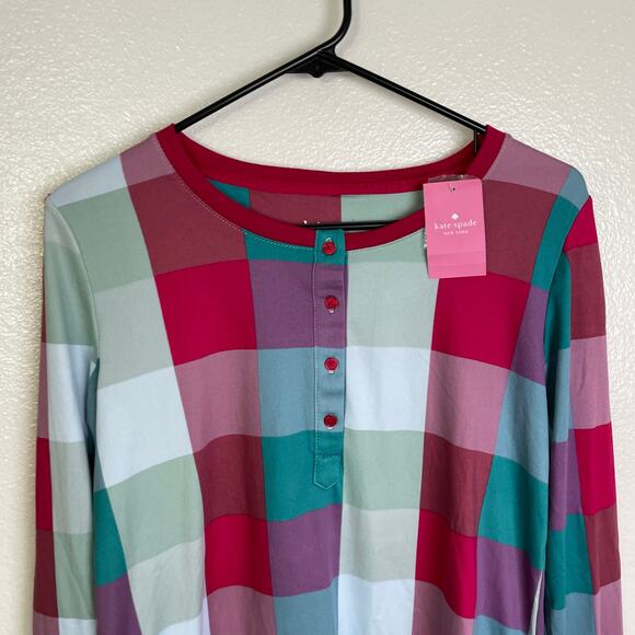 Kate Spade Henley Long Sleeve Pajama Top Small Check Button Pink Multi Cotton - Picture 3 of 13